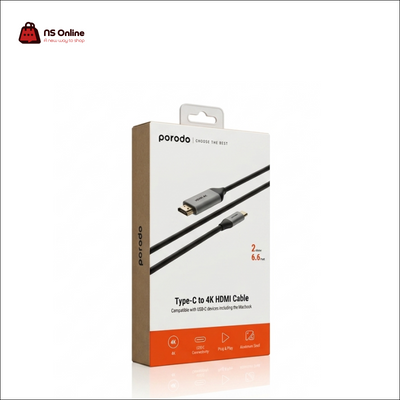 Porodo Premium USB-C to 4K HDMI Cable (PD-4KCHD2) | 2m/6.6ft High-Definition Video Cord | Aluminum Shell, Plug & Play Display Adapter Cable for MacBook, iPad, Laptops, and Smartphones