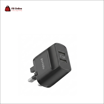 Porodo Blue Dual USB Wall Charger Adapter Plug | 2.4A Fast Dual-Port Power Block with Smart Auto-ID & Fire-Proof Certified Material for Smartphones, Wireless Earbuds & Power Banks (Matte Black)