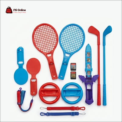 All-In-One NSW Sports Bundle Pack (15 in 1) for Nintendo Switch & OLED | Ultimate Motion Control Accessory Kit with Tennis Rackets, Golf Clubs, Racing Wheels, Leg Straps & Chambara Swords