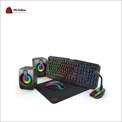 Porodo Gaming 5-in-1 Ultimate Combo Kit (PDX215) | Complete RGB Gaming Setup | Wired Keyboard, Ergonomic Mouse, Stereo Speakers, Gooseneck Microphone & Anti-Slip Mousepad Bundle