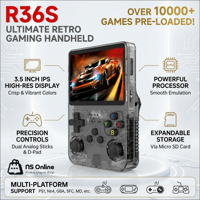 R36S Handheld Retro Game Console | 3.5-Inch IPS Screen | Open-Source Linux System | Dual Analog Sticks & Precise D-Pad | Supports 20+ Emulators