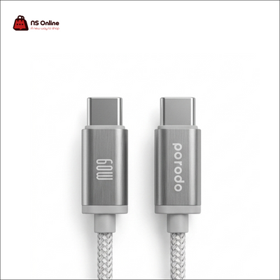 Porodo Premium 60W USB-C to USB-C Fast Charging Cable | Heavy-Duty Braided Type-C Power Delivery (PD) Cord | High-Speed Data Sync Wire with Reinforced Aluminum Connectors for MacBook, iPad, iPhone 16/15, and Android
