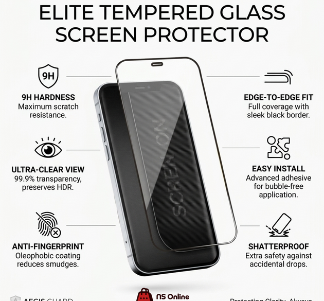 Full Coverage Tempered Glass Screen Protector for iPhone | 9H Hardness Edge-to-Edge Protection Film with High Transparency & Anti-Scratch Layer (Black Border)