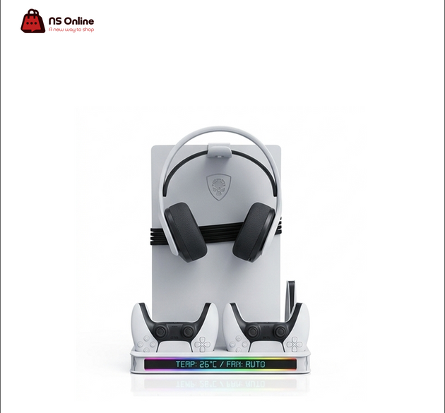 Deadskull Stand 8041 Multifunctional RGB Cooling Stand for PS5 Slim & Disc Console | Dual Controller Fast Charging Dock with Intelligent Temperature Display, Fan Speed Control & Headset Mount