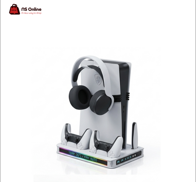 Deadskull Stand 8041 Multifunctional RGB Cooling Stand for PS5 Slim & Disc Console | Dual Controller Fast Charging Dock with Intelligent Temperature Display, Fan Speed Control & Headset Mount
