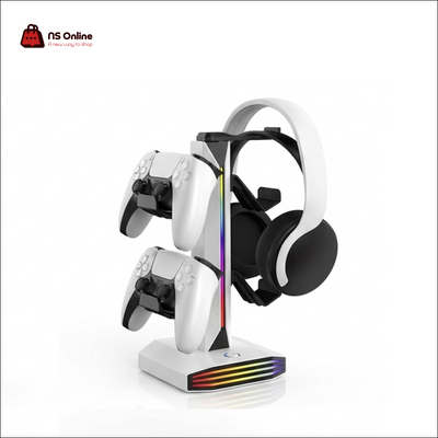 Deadskull Stand 8006 Premium RGB Controller & Headset Stand | Universal Dual Controller Gaming Organizer Tower | Sleek Alpine White Desktop Display Tree with Dynamic Ambient RGB & Touch Control Base