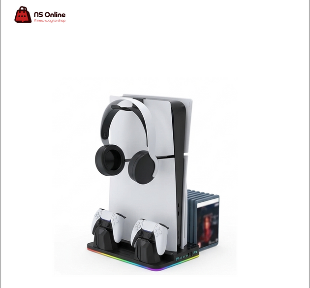 Deadskull P-5 Pro Command Station Vertical Stand | All-in-One Multi-Functional Cooling Dock for PS5 | Dual DualSense Fast Wireless Charger | Built-in Headset Holder & Game Disc Storage | Atmospheric Touch-Controlled RGB Base