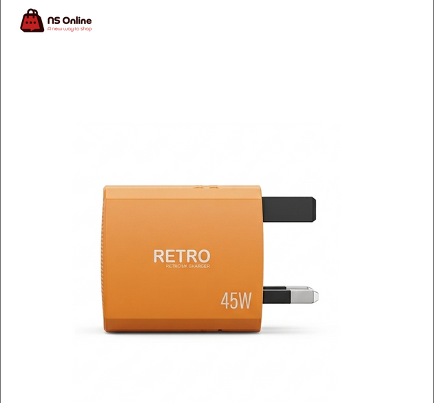 العنوان: شاحن PAWA Retro GaN PD بقوة 45 واط | محول حائط منفرد بمنفذ تايب سي للمملكة المتحدة | شاحن صغير لجهاز ماك بوك وآيباد وسامسونج وآيفون (برتقالي)