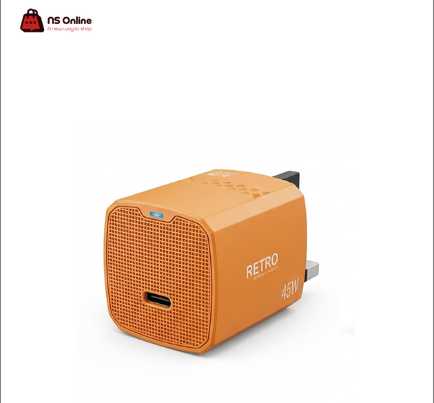 العنوان: شاحن PAWA Retro GaN PD بقوة 45 واط | محول حائط منفرد بمنفذ تايب سي للمملكة المتحدة | شاحن صغير لجهاز ماك بوك وآيباد وسامسونج وآيفون (برتقالي)