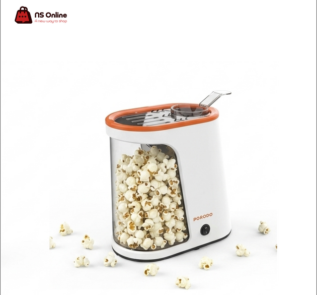 Porodo Healthy Oil-Free Hot Air Popcorn Maker | Compact Electric Countertop Popcorn Machine with Transparent Window, Integrated Measuring Scoop & One-Touch Operation for Movie Nights, Home & Parties (White & Orange)