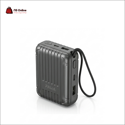 PAWA Lyon Mini Portable Power Bank | High-Speed Compact External Battery Pack with Dual USB-C & USB-A Ports, Luggage-Style Ribbed Protective Shell & Integrated Braided Carrying Lanyard (Gunmetal Gray)