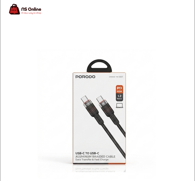 كابل Porodo مجدول من الألومنيوم USB-C إلى USB-C بقوة 60 واط PD (1.2 متر) | سلك شحن سريع ومزامنة بيانات لأجهزة MacBook و iPad والكمبيوتر الشخصي و Android