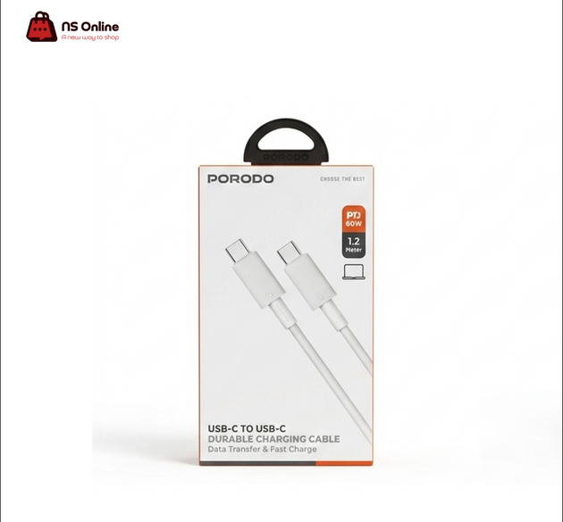 Porodo 60W Power Delivery USB-C to USB-C Durable Charging Cable | 1.2M (3.9ft) Length, High-Speed Data Sync & Fast Charge Cable for Laptops, MacBooks, iPads, Android Smartphones & Power Banks (White)