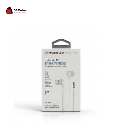 Powerology 3.5mm In-Ear Stereo Earphones with In-Line Mic & Controls | High-Definition HiFi Audio with 10mm Dynamic Drivers & 1.2m Cable for Smartphones, Laptops & Gaming Controllers (White)