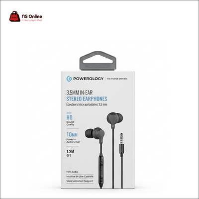 Powerology 3.5mm In-Ear Stereo Earphones with In-Line Mic & Controls | High-Definition HiFi Audio with 10mm Dynamic Drivers & 1.2m Cable for Smartphones, Laptops & Gaming Controllers (Black)