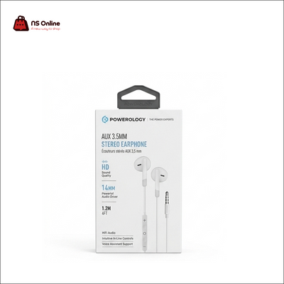 Powerology 3.5mm AUX Semi-In-Ear Stereo Earphones with In-Line Mic & Volume Controls | High-Definition HiFi Sound with 14mm Dynamic Audio Drivers & 1.2m Cable for Smartphones, Laptops & Gaming Controllers (White)