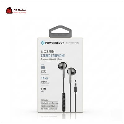 Powerology 3.5mm AUX Semi-In-Ear Stereo Earphones with HD Mic & In-Line Volume Controls | High-Definition HiFi Sound with 14mm Dynamic Audio Drivers & 1.2m Cable for Smartphones, Laptops & Gaming Controllers (Black)