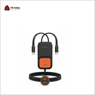 Porodo Multi-Port Car Charger & Backseat Extension Hub with Dual Integrated Cables | High-Power Fast Charging Auto Power Adapter with USB-C PD & USB-A QC Ports for Front & Rear Passengers (Black & Orange)