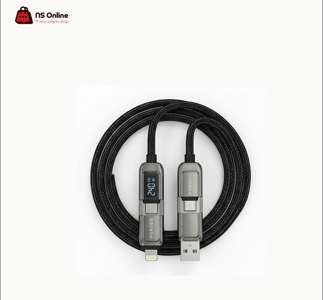 Porodo 4-in-1 240W PD High-Speed Fast Charging Cable with Digital LED Power Display | Multi-Function USB-C & USB-A to Type-C & Lightning Braided Cable for Laptops, MacBooks, iPhones & Android Devices (Space Gray / Black)