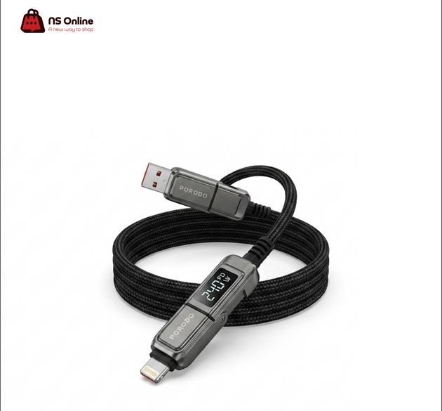 Porodo 4-in-1 240W PD High-Speed Fast Charging Cable with Digital LED Power Display | Multi-Function USB-C & USB-A to Type-C & Lightning Braided Cable for Laptops, MacBooks, iPhones & Android Devices (Space Gray / Black)