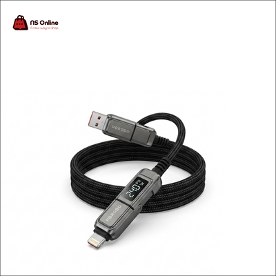 Porodo 4-in-1 240W PD High-Speed Fast Charging Cable with Digital LED Power Display | Multi-Function USB-C & USB-A to Type-C & Lightning Braided Cable for Laptops, MacBooks, iPhones & Android Devices (Space Gray / Black)