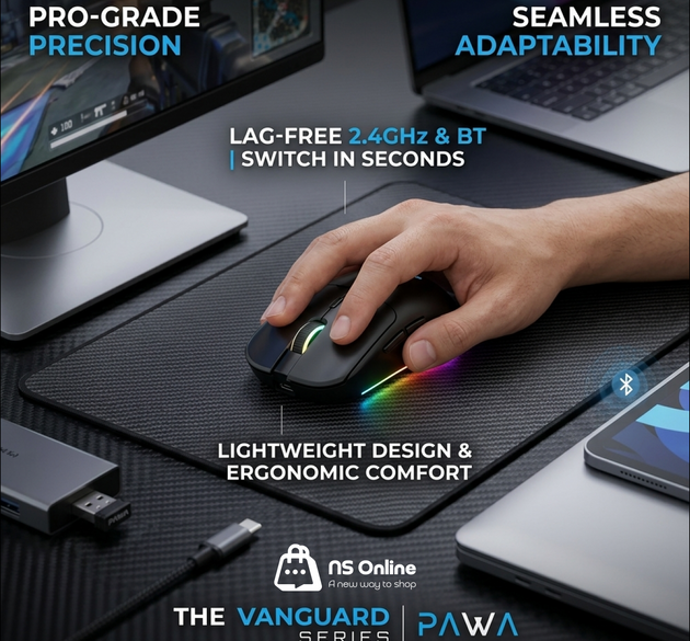 PAWA Vanguard Series Tri-Mode Wireless Gaming Mouse | 2.4GHz Lag-Free, Bluetooth & USB-C Wired Modes, RGB Dynamic Lighting, Lightweight Ergonomic Design for PC, Mac, Laptop & Tablet (Matte Black)