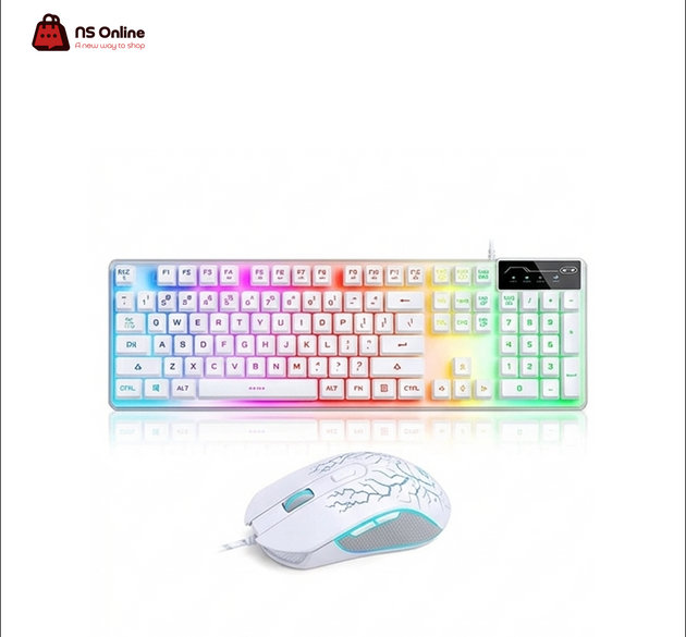 MageGee K1 White RGB Gaming Keyboard and Mouse Combo | Full-Sized 104-Key Backlit Gaming Keyboard & Ergonomic Lightweight Wired Mouse Set with Cracked Lightning Texture