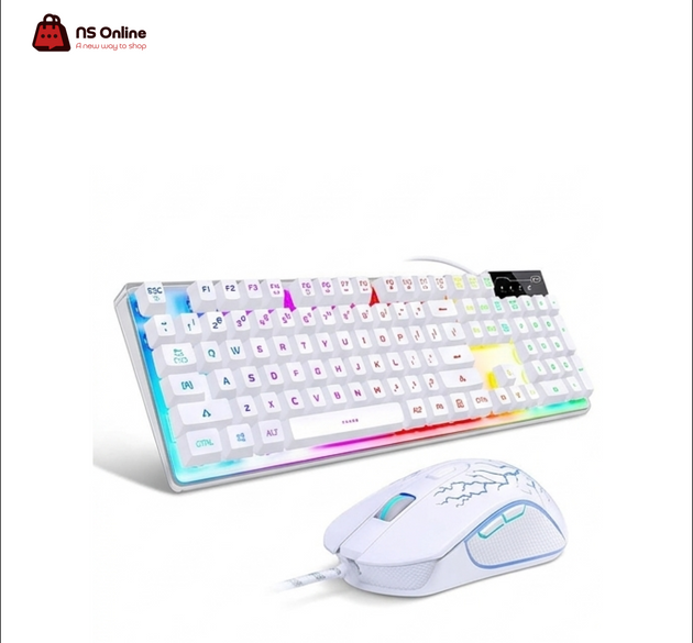 MageGee K1 White RGB Gaming Keyboard and Mouse Combo | Full-Sized 104-Key Backlit Gaming Keyboard & Ergonomic Lightweight Wired Mouse Set with Cracked Lightning Texture