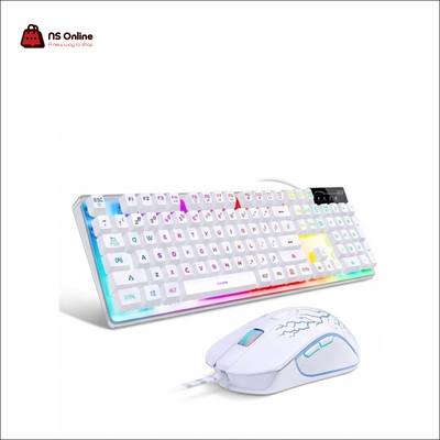 MageGee K1 White RGB Gaming Keyboard and Mouse Combo | Full-Sized 104-Key Backlit Gaming Keyboard & Ergonomic Lightweight Wired Mouse Set with Cracked Lightning Texture