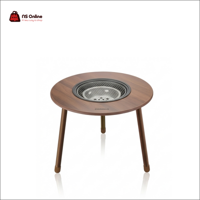 Porodo Lifestyle Outdoor Round Grill Table | Heat-Resistant Center Mesh, Heavy-Duty Foldable Steel Frame, Weather-Resistant Wood-Grain Finish (Brown)