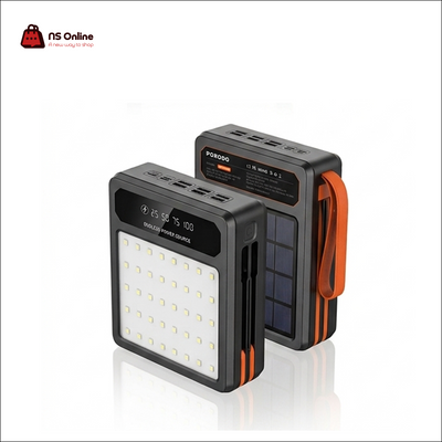 Porodo Laros 80,000mAh Solar Power Bank | 22.5W Fast Charging with Built-In USB-C & Lightning Cables, 25lm LED Light & Solar Panel (Black/Orange)
