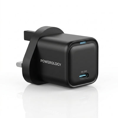POWEROLOGY 20W PD GaN Charger | Ultra-Compact Type-C UK Wall Adapter | Fast Charging Power Block for iPhone, iPad & Android (Black)
