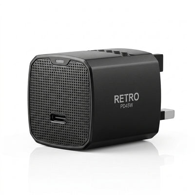 PAWA Retro 45W GaN PD Fast Charger | Single Type-C Port UK Wall Adapter | Compact Power Block for MacBook, iPad, Samsung & iPhone (Black)