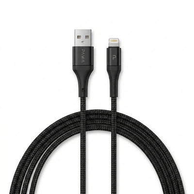PAWA 2.4A Quick Charging Nylon Braided USB-A to Lightning Cable (1.2M / 4Ft) | High-Speed Power Transmission, 480Mbps Data Sync & Reinforced Strain Relief (Black)
