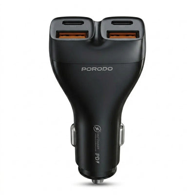 PORODO Dualpower 102W Quad-Port Car Charger Adapter | 102W Total Simultaneous Output, Dual USB-C PD 30W, Dual USB-A QC 18W, PPS 33W & 12-24V Universal Input (Black)
