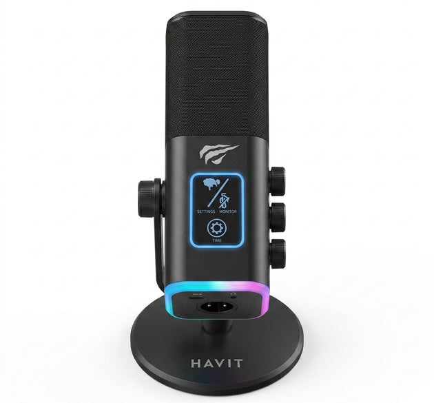 HAVIT GK71 Series USB Live Microphone with Dynamic RGB Lighting - Cardioid Condenser Studio Mic with Quick Tap-to-Mute, Gain Control Knob, 3.5mm Headphone Jack & Desktop Stand | Plug-and-Play for PC, PS5, PS4, Streaming, Podcasting, Discord & Gaming