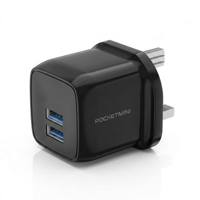 PAWA Pocketmini 3.1A Dual USB Travel Charger with Braided Lightning Cable | UK Wall Plug Adapter for iPhone, iPad & AirPods (Black)