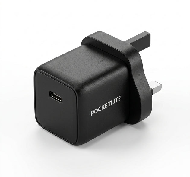 شاحن سفر PAWA Pocketlite 20 واط PD GaN | محول حائط صغير من النوع C للمملكة المتحدة | قابس شحن سريع للآيفون والأندرويد والأجهزة اللوحية (أسود)