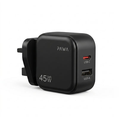 PAWA Quick GaN 45W Dual Port Fast Wall Charger with USB-C PD & USB-A QC Ports | High-Efficiency Gallium Nitride Technology, UK Plug & Built-In Circuit Safeguards (Black & White)