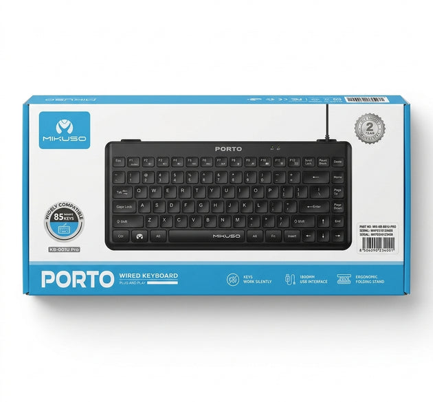 MIKUSO PORTO KB-001U Pro Mini Wired Keyboard – 85-Key Compact USB Keyboard with Silent Keys & Ergonomic Folding Stand (Compatible with PC, Laptop, PS5, and Nintendo Switch NSW)