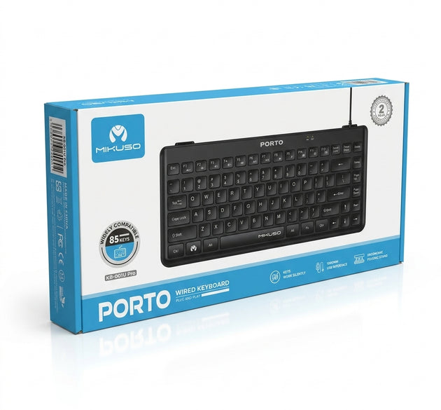 MIKUSO PORTO KB-001U Pro Mini Wired Keyboard – 85-Key Compact USB Keyboard with Silent Keys & Ergonomic Folding Stand (Compatible with PC, Laptop, PS5, and Nintendo Switch NSW)