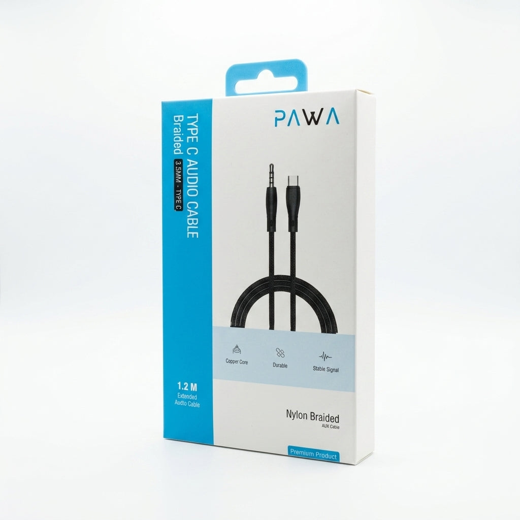 PAWA Nylon Braided USB-C to 3.5mm AUX Audio Cable (1.2M / 4Ft) | High-Fidelity Sound, Ultra-Durable 30,000+ Bend Life, Oxygen-Free Copper Core & Universal Compatibility (Black)
