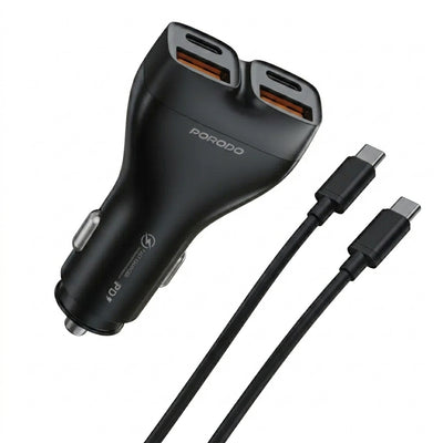 Porodo Dualpower 102W Quad-Port Car Charger + USB-C to USB-C Cable | 102W Total Simultaneous Output, Dual USB-C PD 30W, Dual USB-A QC 18W, PPS 33W & 12-24V Universal Input (Black)