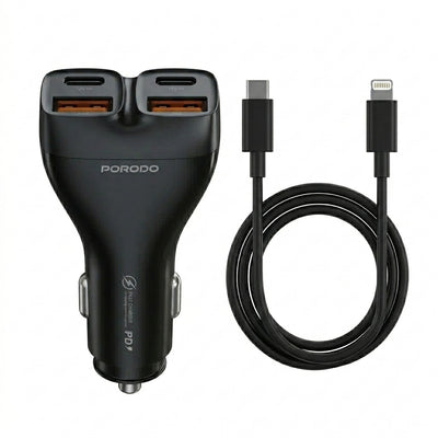 Porodo Dualpower 102W Car Charger + Braided USB-C to Lightning Cable (2M / 6.6Ft) | Massive 102W Combined Output, Smart Power Distribution, 100W USB-C PD, Quick Charge 3.0 (Black)