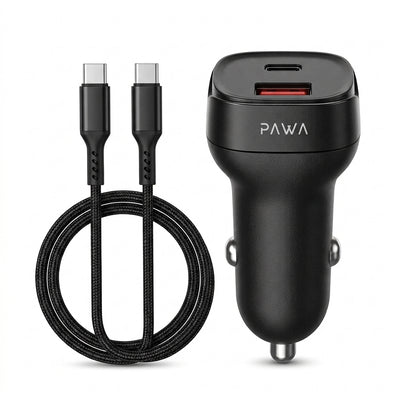 PAWA Quad Pro 48W Dual Port Car Charger (USB-C PD 30W + USB-A QC 18W) with Braided 60W USB-C to USB-C Cable | Fireproof ABS Shell & Multi-Layer Safety Safeguards (Grey)