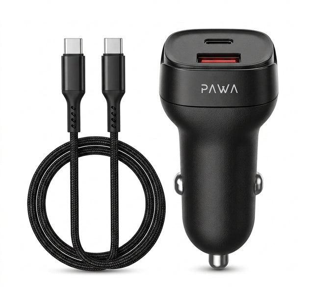 PAWA Quad Pro 38W Dual Port Car Charger (USB-C PD 20W + USB-A QC 18W) with Ambient Ring Light & 60W Braided USB-C to USB-C Cable (Black)