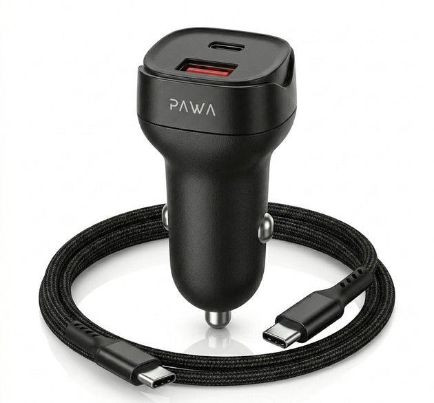 PAWA Quad Pro 38W Dual Port Car Charger (USB-C PD 20W + USB-A QC 18W) with Ambient Ring Light & 60W Braided USB-C to USB-C Cable (Black)