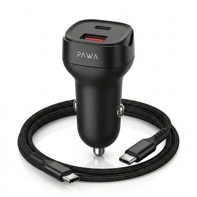 PAWA Quad Pro 38W Dual Port Car Charger (USB-C PD 20W + USB-A QC 18W) with Ambient Ring Light & 60W Braided USB-C to USB-C Cable (Black)