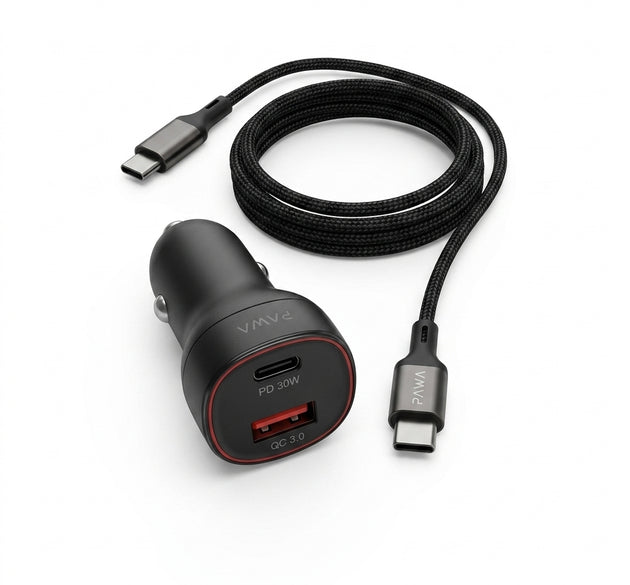 PAWA Quad Pro 48W Dual Port Car Charger (USB-C PD 30W + USB-A QC 18W) with Braided 60W USB-C to USB-C Cable | Fireproof ABS Shell & Multi-Layer Safety Safeguards (Grey)