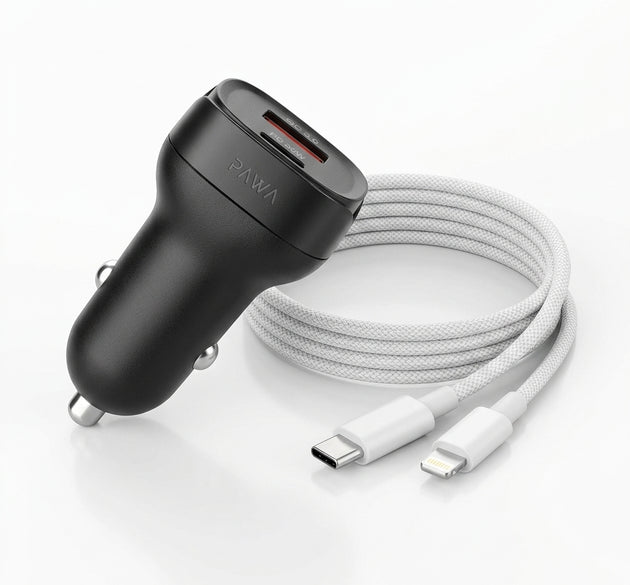 PAWA Quad Pro 38W Dual Port Car Charger (USB-C PD 20W + USB-A QC 18W) with Ambient Ring Light & 30W Braided USB-C to Lightning Cable (Black)